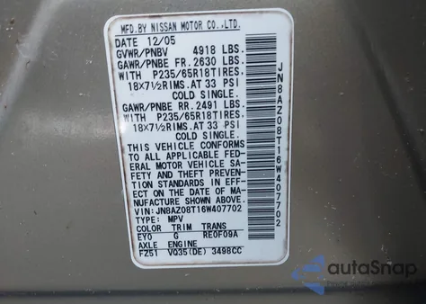 2006 Nissan Murano Sl/Se/S from USA, damaged, VIN JN8AZ08T16W407702